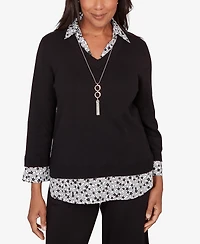 Alfred Dunner Women's Seville Print Woven Two One Sweater with Necklace