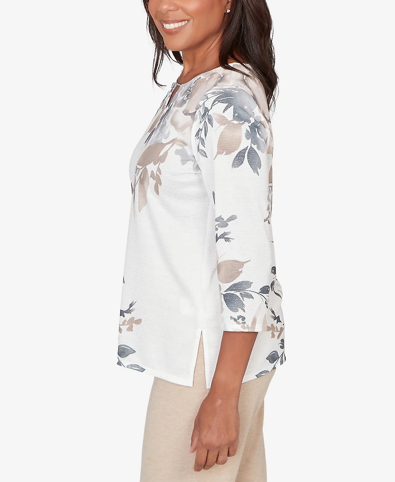 Alfred Dunner Petite Comfort & Joy Asymmetrical Floral Border Crew Neck Top