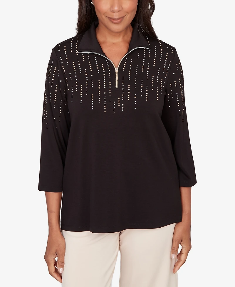 Alfred Dunner Petite Seville Heat Set Embellished Zip Mock Neck Top