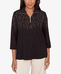 Alfred Dunner Petite Seville Heat Set Embellished Zip Mock Neck Top