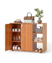 Costway 3-Tier Wooden Shoe Storage Organizer with Doors & 3-Level Adjustable Open Shelves