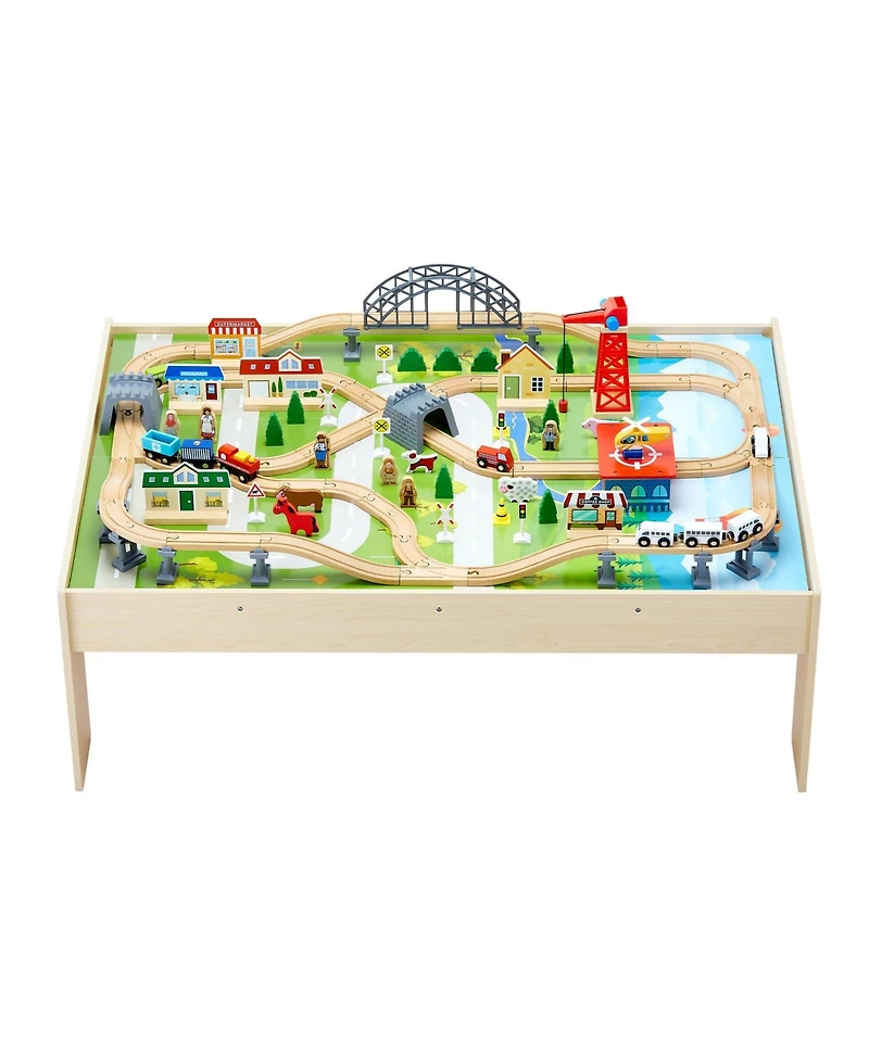 Mecale Train Table, 120 Pcs Wooden Activity Table with Collapsible Bin, 3-in-1 Train Set for Playing, Drawing & Reading