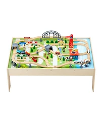 Mecale Train Table, 120 Pcs Wooden Activity Table with Collapsible Bin, 3-in-1 Train Set for Playing, Drawing & Reading
