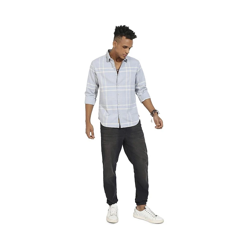 Campus Sutra Men's Light Grey Contrast Tartan Plaid Shirt.