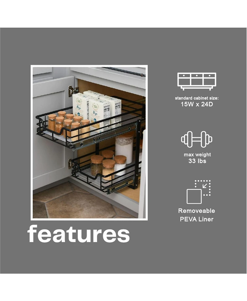 Household Essentials Glidez Multipurpose Steel Pull-Out Storage Organizer, 2-Tier Dual-Slide Design, Black