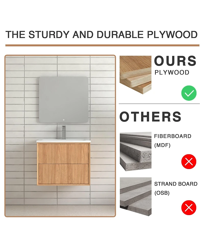 Boyel Living 24'' Floating Bathroom Vanity Set, Wall Mounted Solid Wood Bathroom Cabinet with 2 Storage Drawers,White Resin Integrated Basin