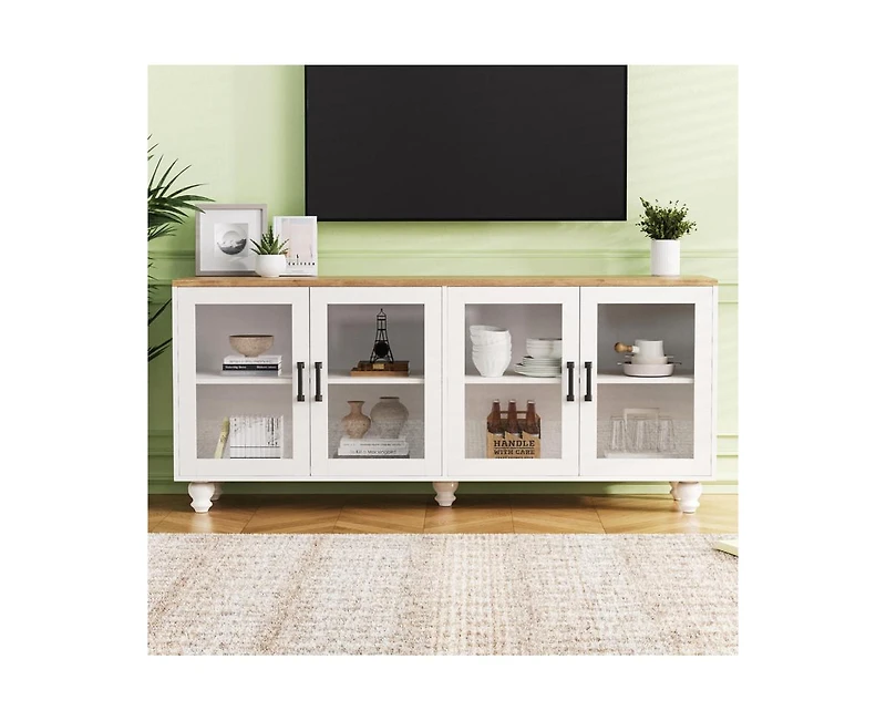 Farmhouse Storage Cabinet Tv Stand with Tempered Glass Doors And Adjustable Shelves