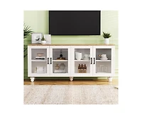Farmhouse Storage Cabinet Tv Stand with Tempered Glass Doors And Adjustable Shelves