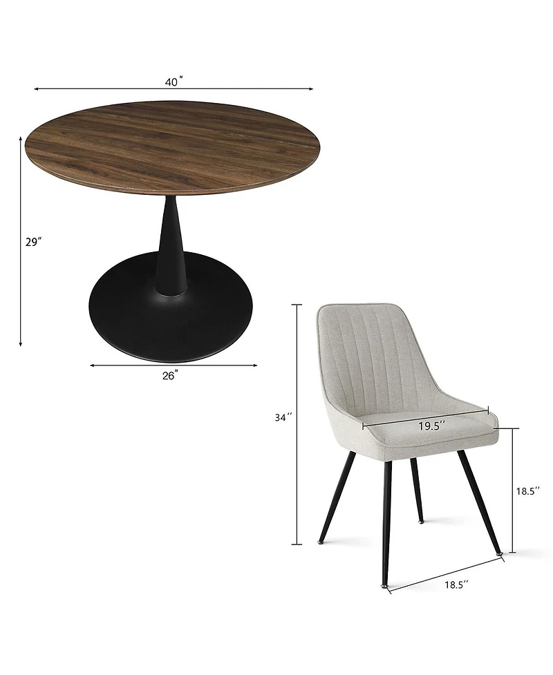 Maison Boucle 5-Piece Dining Table Set with Round Walnut Table, Metal Base and Upholstered Chairs for Space-Saving Kitchen Use