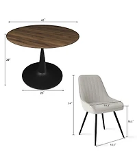 Maison Boucle 5-Piece Dining Table Set with Round Walnut Table, Metal Base and Upholstered Chairs for Space-Saving Kitchen Use