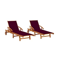 vidaXL Sun Lounger Wine red cushion, Natural wood