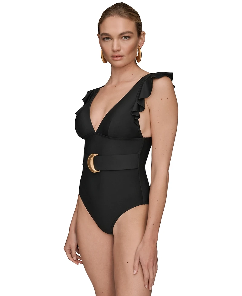 Donna Karan Women's Belted Flutter-Sleeve One-Piece Swimsuit