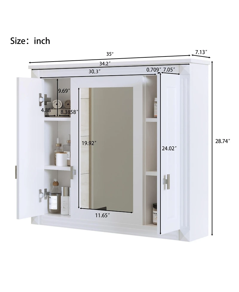 Airsurfer Bathroom Wall Cabinet with Mirror Wall Mounted Medicine Cabinet with 4 Shelves Mirrored Door Storage Cabinet for Small Spaces White