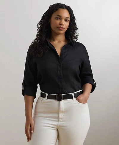 Lauren Ralph Plus 100% Linen Roll-Tab Shirt