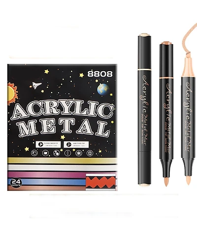 Htutwoo 24 Colors Acrylic Metallic Paint Pens, Dual Tip Marker Set with Thick Head and Thin Head for Rocks, Wood, Canvas, Ceramic, Fabric