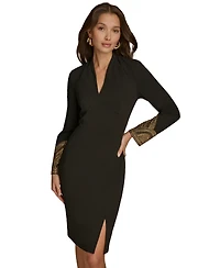 Donna Karan New York Women's Long Sleeve V-neck Hot Fix Sheath Midi Dress