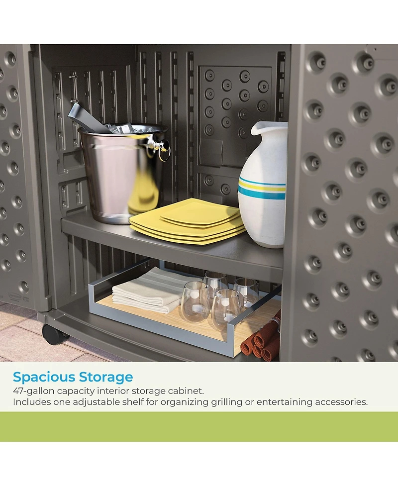 Suncast Patio Plastic Storage and Prep Station with Wicker Pattern, Stoney Gray