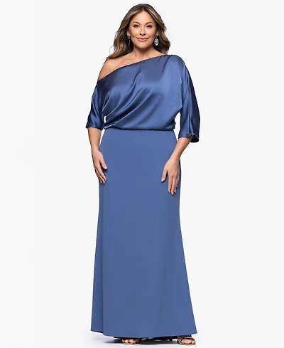 Betsy & Adam Plus Asymmetrical Neck Long Dress
