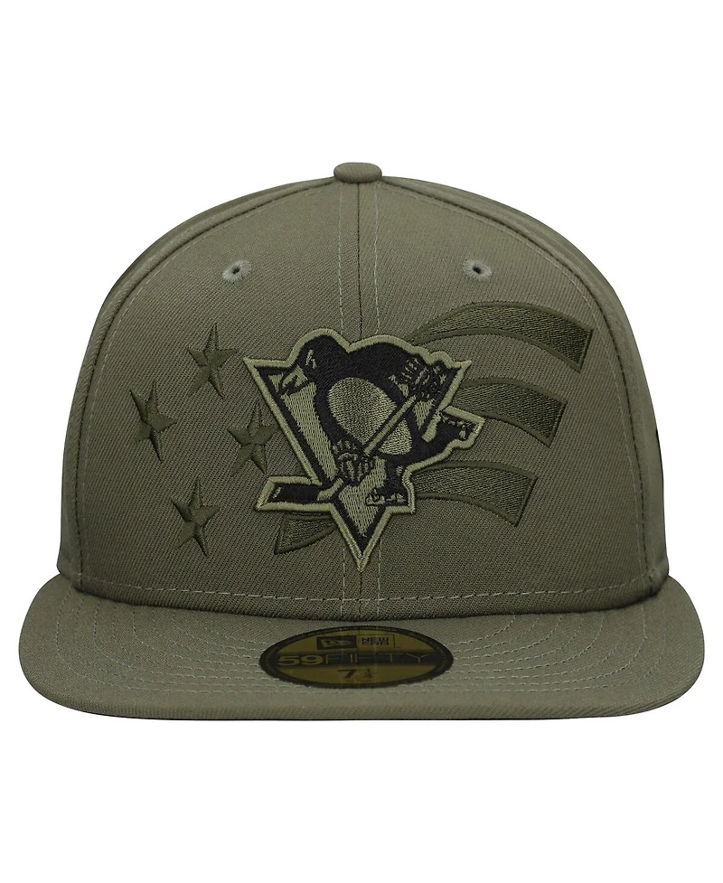 New Era Men's Olive Pittsburgh Penguins Military Appreciation Flag 59FIFTY Fitted Hat