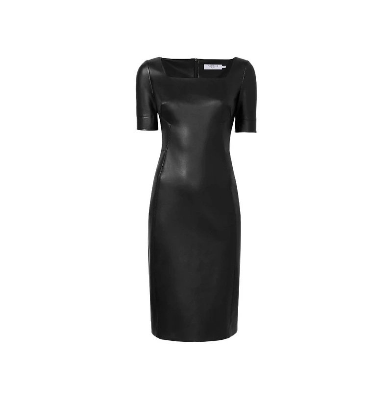 M.m.LaFleur Women's Elbow Sleeves and Square Neckline Faux Leather Sheath Dress