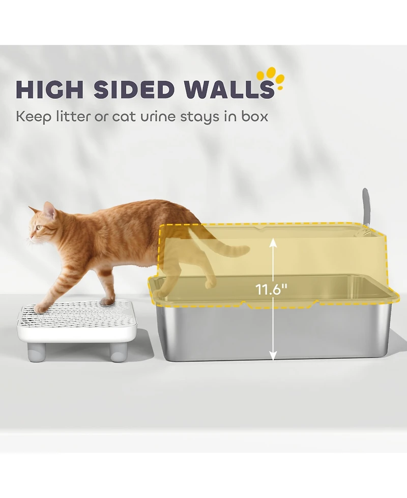 PawHut Xl Stainless Steel Cat Litter Box High Sided Include Scoop & Pad