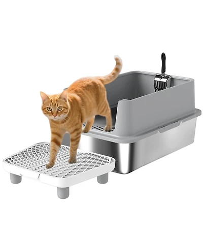 PawHut Xl Stainless Steel Cat Litter Box High Sided Include Scoop & Pad