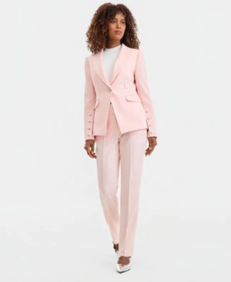 Tahari Asl Womens Twill One Button Peak Lapel Blazer Sleeveless Mock Neck Sweater Mid Rise Bell Bottom Pants