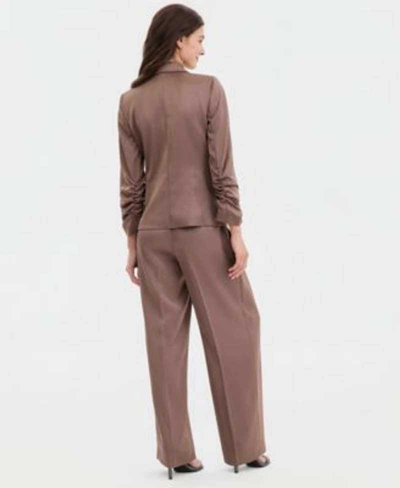 Tahari Asl Womens Matte Satin Double Breasted Scrunch Sleeve Jacket Pleat Front Wide Leg Pants