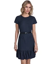 Calvin Klein Women's Bubble Hem Belted Crewneck Dress