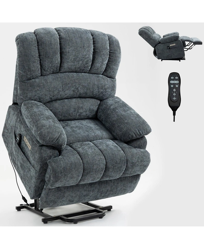 Clihome 23" Seat Width and High Back Large Size Blue Chenille Power Lift Recliner Chair with 8-Point Vibration Massage and Lumbar Heating