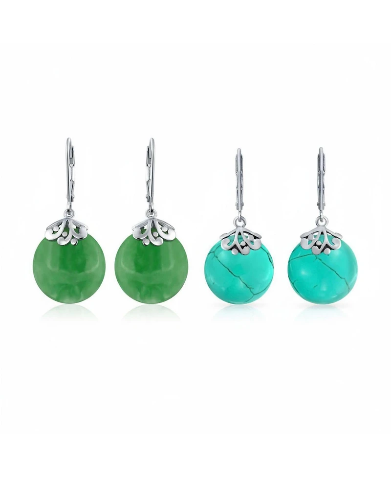 Bling Jewelry Set of 2 Stabilized Turquoise & Natural Jade Flat Round Circle Disc Dangle Drops Earrings Sterling Silver Lever Back