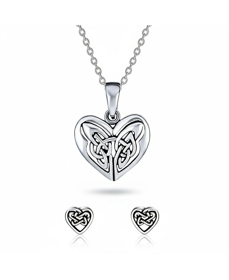 Bling Jewelry Celtic-Inspired Love Knot Necklace and Heart Stud Earrings Jewelry Set Oxidized Sterling Silver