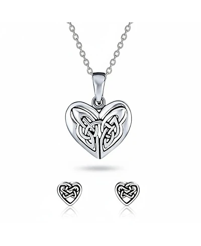 Bling Jewelry Celtic-Inspired Love Knot Necklace and Heart Stud Earrings Jewelry Set Oxidized Sterling Silver