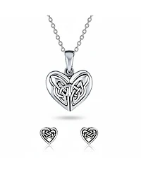 Bling Jewelry Celtic-Inspired Love Knot Necklace and Heart Stud Earrings Jewelry Set Oxidized Sterling Silver