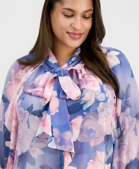 Tahari Asl Plus Printed Ruffle-Tie Long-Sleeve Blouse