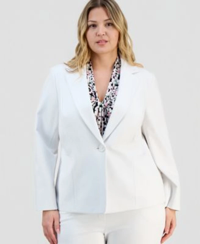 Kasper Plus Size Notch Collar Seamed One Button Jacket Pull On Straight Leg Pants
