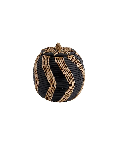 Storied Home Decorative Handwoven Rattan Storage Basket Storage with Lid, Tan and Black