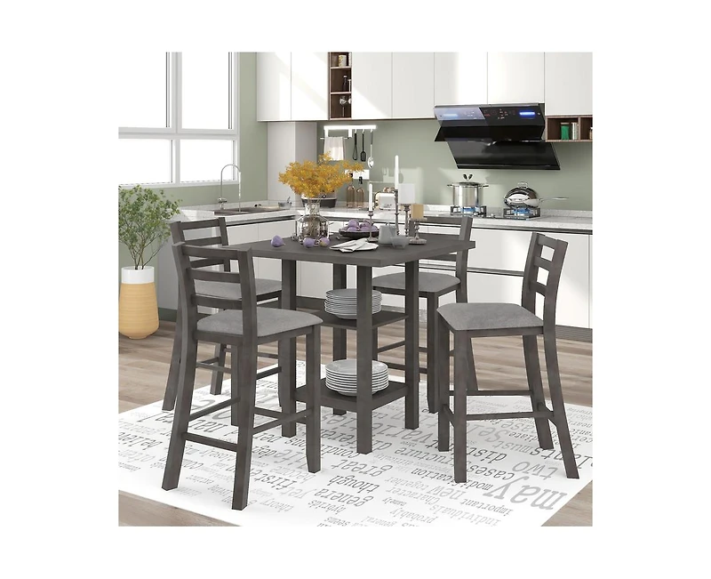 Casainc Trexm 5-Piece Counter Height Dining Set with Espresso Wood Table Padded Chairs and Storage Shelving