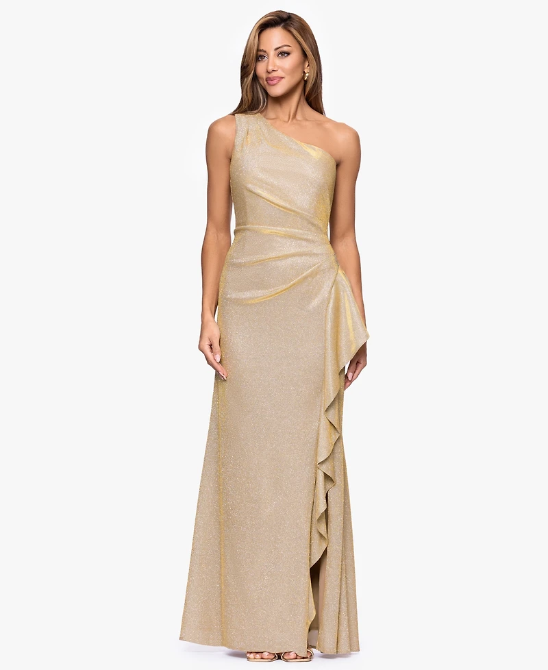 Xscape Women's One-Shoulder Glitter Long Dress