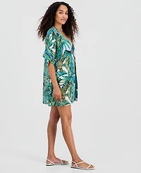 Miken Juniors' Leaf-Trim Palm-Print Cover-Up Kimono, Macy's Exclusive