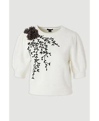 Karen Millen Women's Flower And Beaded Puff Sleeve Knit Tee