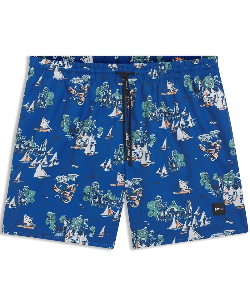 Boss by Hugo Men's All-Over Print Logo-Badge Swim Shorts