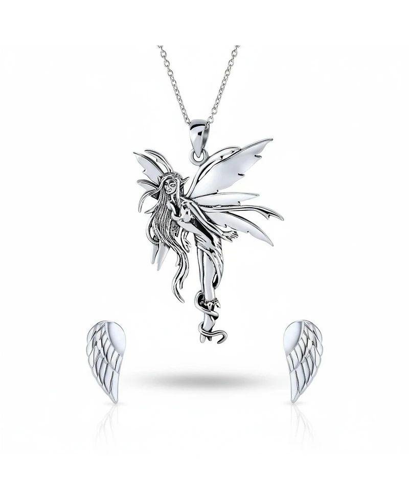 Bling Jewelry Fairy-Inspired Necklace and Guardian Angel Stud Earrings Jewelry Set Sterling Silver