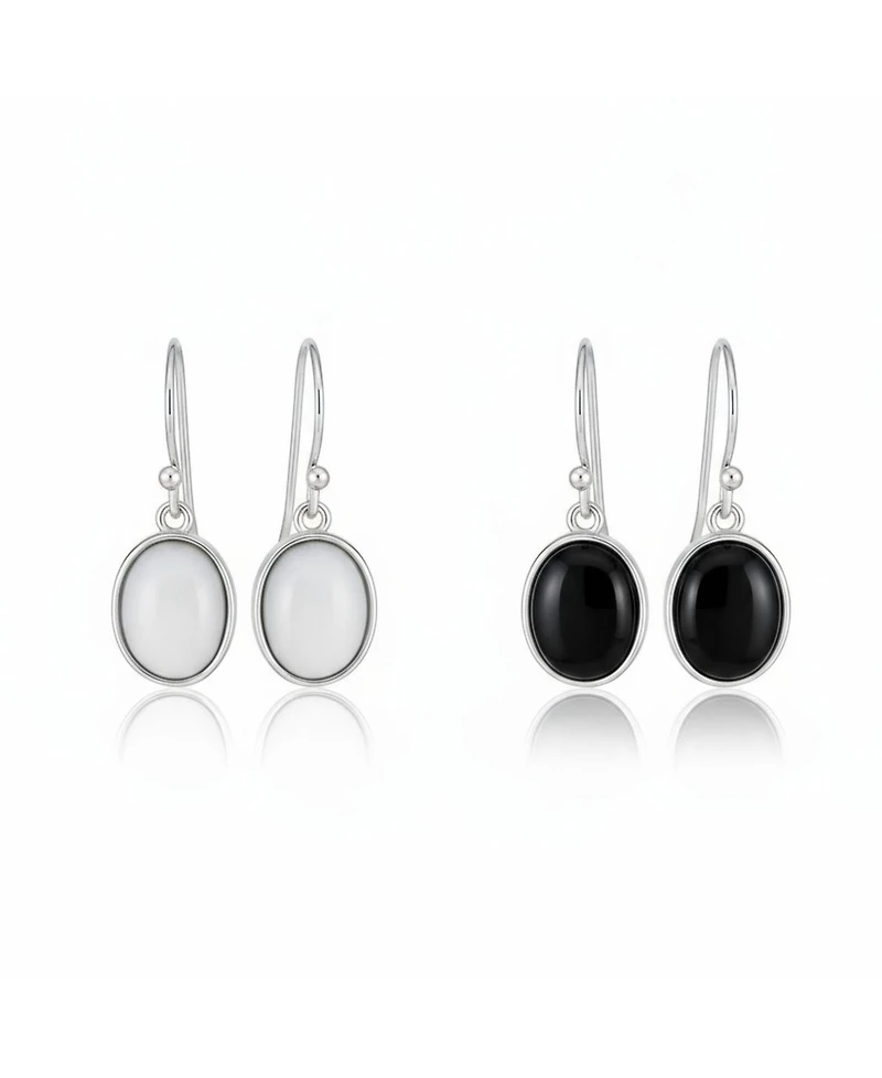 Bling Jewelry Set of 2 Classic Natural White Agate & Black Onyx Bezel Set Oval Cabochon Drop Earrings Sterling Silver Wire Fish Hook