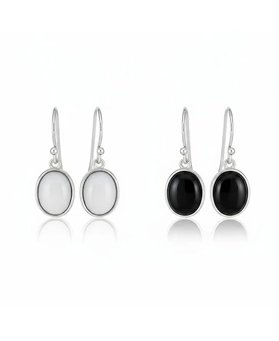 Bling Jewelry Set of 2 Classic Natural White Agate & Black Onyx Bezel Set Oval Cabochon Drop Earrings Sterling Silver Wire Fish Hook