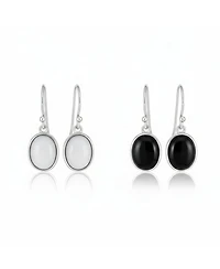 Bling Jewelry Set of 2 Classic Natural White Agate & Black Onyx Bezel Set Oval Cabochon Drop Earrings Sterling Silver Wire Fish Hook
