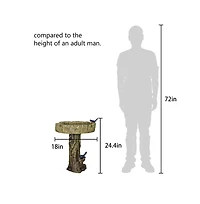 SunJet 24.4" Wood-Look Concrete Bird Bath with faux bird, rustic and durable design for garden decor.