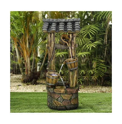 SunJet 39.3" Rustic Wishing Well Outdoor Water Fountain with Led Lights