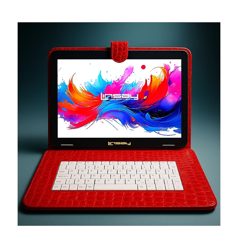 Linsay 10.1" Octa Core 256GB Storage Android 15 Tablet with Red Crocodile Keyboard