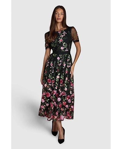 Coast Women's Lace Trim Embroidered Mesh Midi Dress